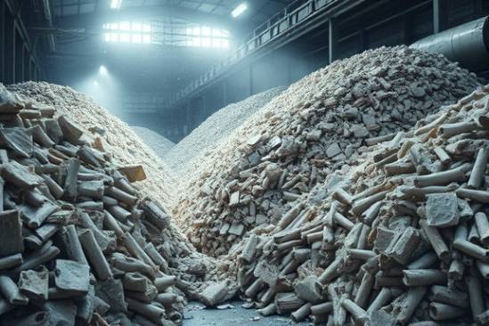 massive piles of PVC waste, alarming, being processed, photorealistic, industrial recycling facility with conveyor belts, highly detailed, dust and debris particles in the air, 4k resolution, muted grays and whites, harsh artificial lighting, shot with a Nikon Z 50mm f/1.8 S lens.