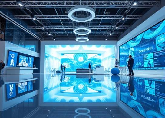 innovative PVC products, futuristic, being showcased, photorealistic, modern exhibition hall with digital displays, highly detailed, dynamic reflections on surfaces, ultra high definition, metallic silver and blue, bright spotlights with ambient glow, shot with a Sony FE 24-70mm f/2.8 GM lens.
