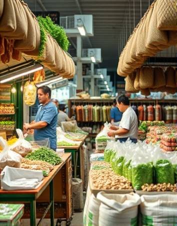 ecofriendly PVC packaging, environmental, being used by a diverse consumer group, photorealistic, bustling marketplace with stalls, highly detailed, movement in cloth and paper sacks, 1080p, natural hues of greens and browns, overhead fluorescent lighting, shot with a Sigma 35mm f/1.4 DG HSM Art lens.