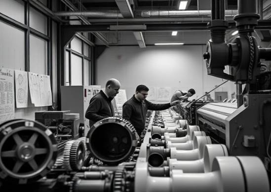 advanced PVC pipe manufacturing, collaborative team, calibrating equipment, photorealistic, detailed hall with engineering diagrams and PVC samples, highly detailed, rotating gears, 85mm f/1.4, monochrome with hints of blue, chiaroscuro lighting, shot with a telephoto lens.