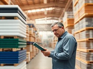 efficient PVC materials management, precision, inspecting PVC quality, photorealistic, organized warehouse with stacked PVC sheets and rolls, highly detailed, dust particles in the air, 24mm f/1.4, warm tones, natural sunlight from above, shot with a standard zoom lens.