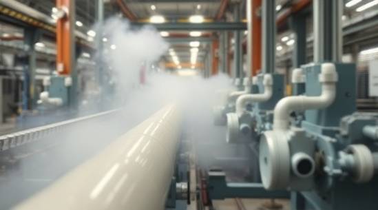 dynamic PVC extrusion process, intense focus, overseeing pipe extrusion, photorealistic, busy production line with multiple extrusion machines, highly detailed, steam clouds and rhythmic oscillations, 28mm f/2.8, neutral colors, mixed artificial lighting, shot with a tilt-shift lens.