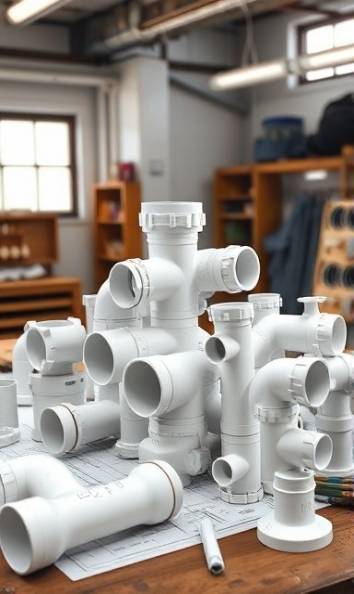 textured rigid PVC fittings, interlocking pieces, conveying connectivity, photorealistic, workshop with tools and blueprints on the table, highly detailed, diverse fittings assembled dynamically, 6K resolution, matte white, diffused light from the windows, shot with a macro lens.