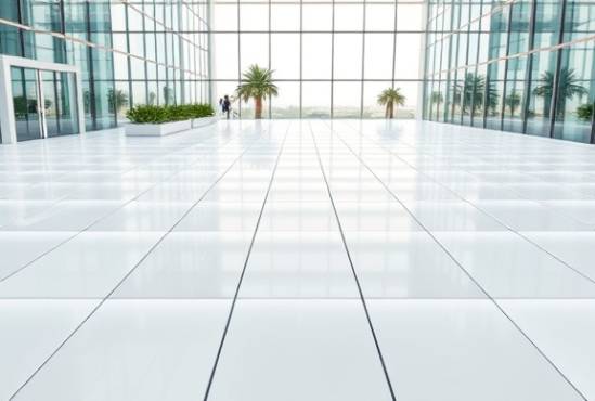 gleaming rigid PVC panels, arranged in a grid, showcasing precision, photorealistic, modern architectural setting with glass walls and plants, highly detailed, smooth surfaces reflecting light, 5K resolution, light gray, bright afternoon sunlight, shot with a tilt-shift lens.