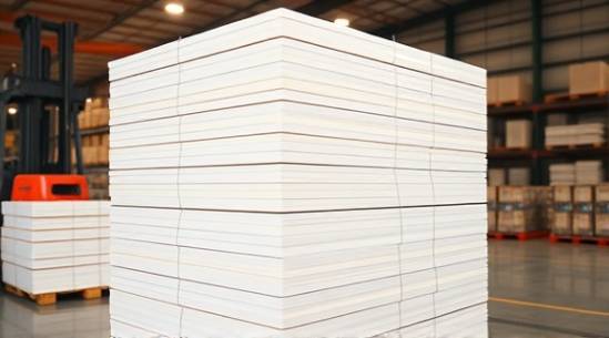 clean rigid PVC sheets, stacked, emphasizing thickness, photorealistic, warehouse interior with forklifts and pallets, highly detailed, subtle shadows between sheets, 8K resolution, off-white, warm tungsten lighting, shot with a telephoto lens.
