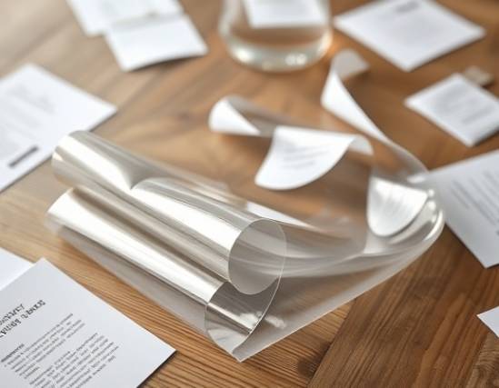 shiny clear PVC film, delicate expression, gently unfurled, photorealistic, on a wooden table with scattered papers around, highly detailed, curling softly, ultra HD, translucent hues, soft diffused lighting, shot with a 85mm lens.