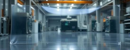 flexible clear PVC sheet, flat and broad, bending at the edges, photorealistic, laid on a factory floor with machinery in the background, highly detailed, subtle reflections, 4K resolution, clear crystal, ambient industrial lighting, shot with a 35mm lens.
