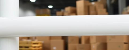 smooth clear PVC pipe, cylindrical perfection, standing upright, photorealistic, in an industrial warehouse surrounded by cardboard boxes, highly detailed, reflective surface, ultra HD, pure white, diffused ambient lighting, shot with a 60mm lens.