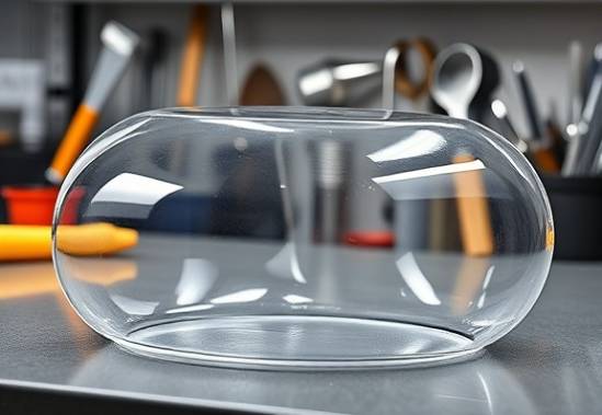 transparent clear PVC, pristine appearance, cut into segments, photorealistic, placed on a countertop with various tools neatly organized, highly detailed, smooth edges, 8K resolution, delicate reflection, soft shadow lighting, shot with a macro lens.