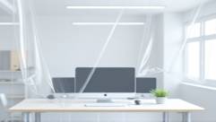 immaculate clear PVC film, slightly crinkled, draping softly, photorealistic, over a contemporary office desk with technology gadgets, highly detailed, soft ripples, 4K resolution, neutral tone, bright fluorescent lighting, shot with a 55mm lens.