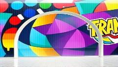 versatile clear PVC sheet, flawless span, slightly arched, photorealistic, standing against a vibrant mural, highly detailed, mirror-like quality, ultra HD, colorless sheen, morning sunlight, shot with a wide-angle lens.