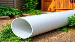 bright clear PVC pipe, polished exterior, lying horizontally, photorealistic, next to a garden shed with green foliage around, highly detailed, shimmering light, 4K resolution, light grey, natural daylight, shot with a telephoto lens.