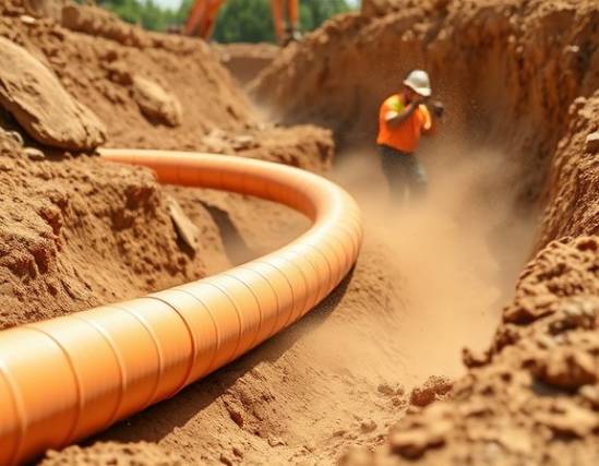 flexible PVC pipe, functional, being installed underground, photorealistic, construction site with diggers and workers, highly detailed, dust in the air, high-res texture, orange, midday sunlight, shot with a 24mm lens.