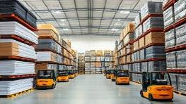 versatile PVC materials, organized, neatly stacked in a warehouse, photorealistic, spacious warehouse full of inventory, highly detailed, workers operating forklifts, accurate dimensions, white, fluorescent lights, shot with a 50mm lens.