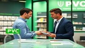 custom PVC supplier, professional, engaging in client interaction, photorealistic, modern office setup with sample displays, highly detailed, client holding product samples, high-definition surfaces, green, soft morning light, shot with a 28mm lens.