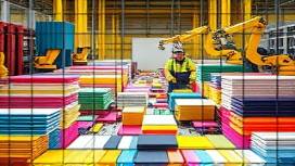variegated PVC materials, organized chaos, spread across a factory floor, photorealistic, active production line with workers, highly detailed, robotic arms in motion, precision manufacturing, yellow, overhead lighting, shot with a 40mm lens.