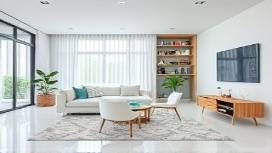 innovative PVC products, cutting-edge, integrated in smart home setup, photorealistic, modern interior with smart controls, highly detailed, connectivity visualization, smart-integrated features, white, natural daylight, shot with a 60mm lens.