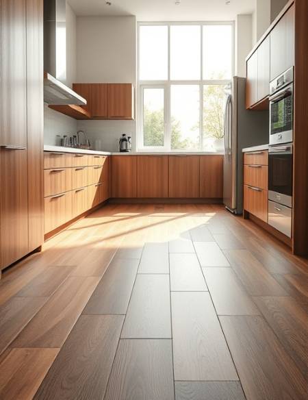 textured PVC flooring, inviting, being installed in a modern kitchen, photorealistic, contemporary interior design with sleek appliances, highly detailed, gentle morning light streaming through a large window, 8K resolution, warm oak brown, soft ambient lighting, shot with a 35mm lens