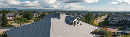 smooth PVC roofing, resilient, covering a futuristic home, photorealistic, sprawling suburban neighborhood with well-maintained gardens, highly detailed, dynamic shadows from passing clouds, DSLR quality, slate gray, diffused afternoon light, shot with a 24-70mm lens