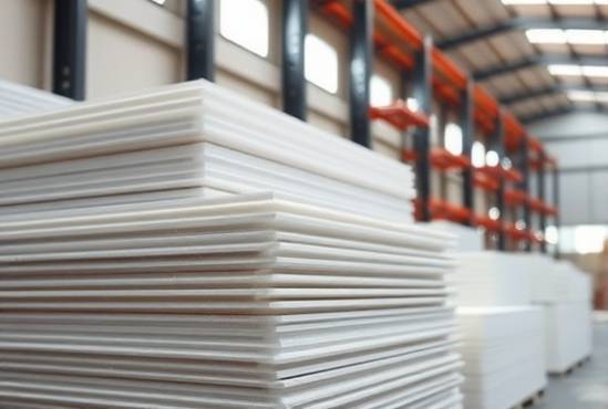 stacked PVC sheets, orderly, stored in a sunlit warehouse, photorealistic, industrial setting with tall shelving units, highly detailed, dust particles floating in the air, bokeh effect, crisp white, soft overhead lighting, shot with a 50mm lens
