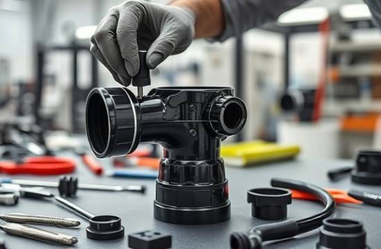 precision-engineered PVC fittings, intricate, being assembled by a technician, photorealistic, bright laboratory with advanced equipment, highly detailed, tools and parts scattered on the workbench, macro photography, glossy black, targeted spot lighting, shot with a 100mm macro lens