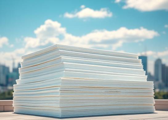 Stack of foam sheets, serene, arranged in a cascading manner, photorealistic, against an urban skyline with a blue sky, highly detailed, clouds drifting by, creamy whites, diffused sunlight, shot with a wide-angle 24mm lens.