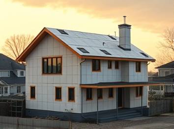 Durable foam insulation, contemplative, covering a modern house under renovation, photorealistic, set in a suburban neighborhood, highly detailed, scaffolding around, neutral grays, golden hour lighting, shot with a 35mm lens.