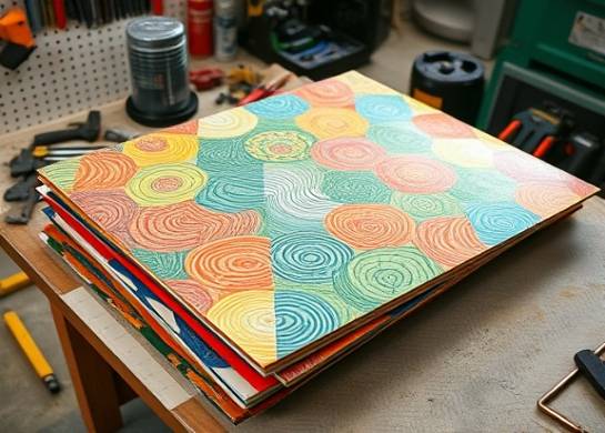 patterned PVC sheets, vibrant expression, laid out on a table, photorealistic, workshop environment with scattered tools, highly detailed, dynamic texture layers, intricate patterns and textures, vibrant multi-colored, overhead lighting, shot with a 35mm lens.