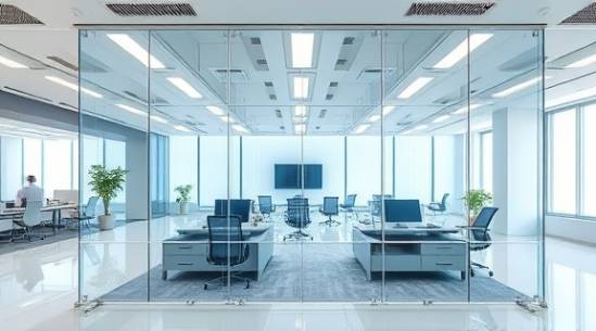 transparent PVC panels, futuristic expression, constructing a partition, photorealistic, open space office with sleek furniture, highly detailed, light refraction, modern transparency, clear with hints of blue, bright overhead lighting, shot with a 85mm lens.