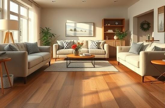 elegant PVC flooring, inviting, arranged in a cozy living room, photorealistic, surrounded by plush furniture, highly detailed, glossy finish with subtle grain pattern, warm oak hues, soft evening light, shot with a 35mm lens