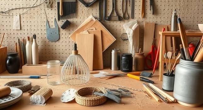 versatile PVC texture, tactile, featured in a DIY workshop, photorealistic, scattered with creative tools, highly detailed, rich texture catching light, light taupe shades, natural daylight streaming through, shot with a macro lens