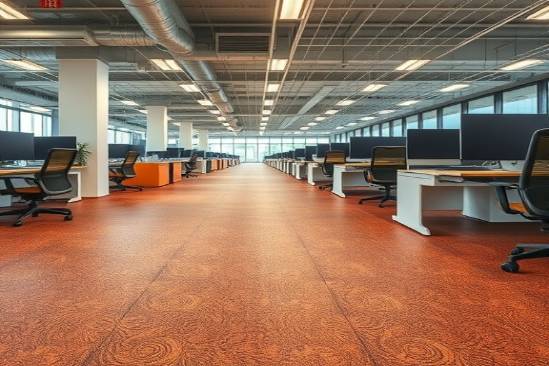 textured PVC flooring, resilient, spread across a bustling office space, photorealistic, complementing ergonomic furniture, highly detailed, with intricate design, earthy brown shade, overhead fluorescent lights, shot with a 28mm lens