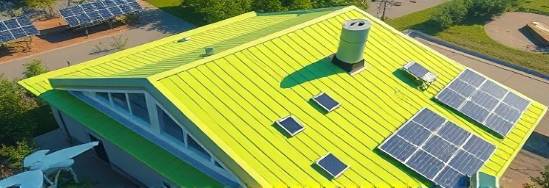 innovative PVC roofing, energy-efficient, on a green building concept, photorealistic, surrounded by renewable energy devices, highly detailed, smooth finishes with shadow depth, lime green tone, morning light, shot with a drone camera