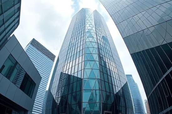 modern PVC cladding, avant-garde, enhancing a high-rise building, photorealistic, standing among futuristic architecture, highly detailed, sharp geometric patterns, reflective chrome, sharp light contrasts, shot with a fisheye lens