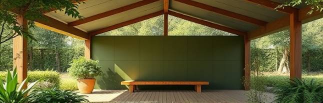 sustainable PVC panels, eco-friendly, placed within an eco park pavilion, photorealistic, enveloped by greenery, highly detailed, matte finish, olive green, natural and soft lighting, shot with a 45mm lens