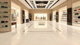 polished PVC flooring, modern-day elegance, spanning an upscale retail showroom, photorealistic, surrounded by luxury accessories, highly detailed, smooth, sleek and shiny, ivory cream color, spotlight focus, shot with a 70mm lens