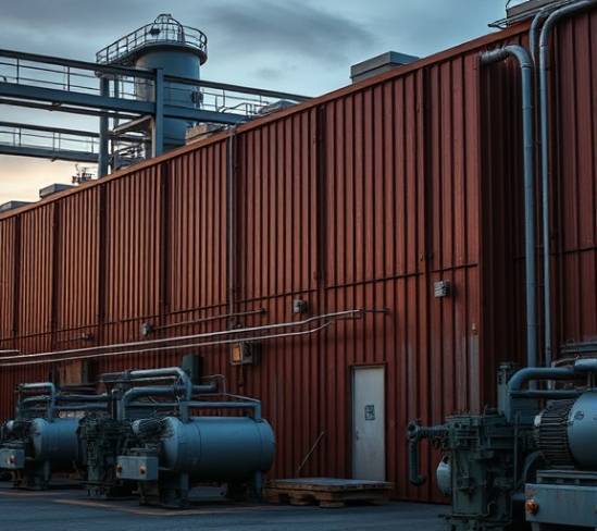 industrial PVC cladding, rugged, fitted on a factory exterior, photorealistic, blending with industrial machines, highly detailed, robust, dark rust color, dusk lighting, shot with an industrial-grade camera