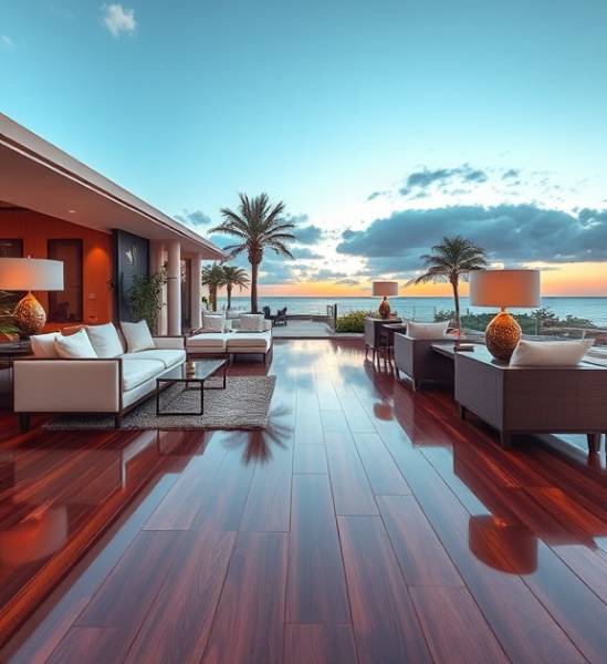luxurious PVC flooring, plush, featured in a high-end resort, photorealistic, accompanied by elegant furnishings, highly detailed, with a high gloss reflective surface, rich mahogany tone, sunset lighting, shot with a 24-70mm lens